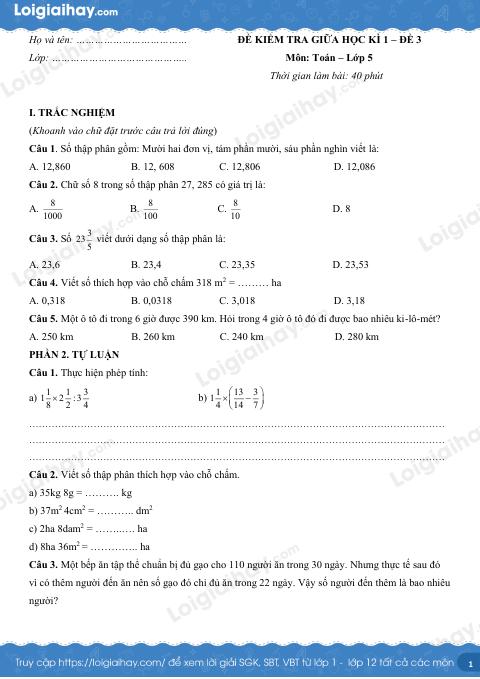 Đề kiểm tra giữa kì 1 Toán 5 - Đề số 3